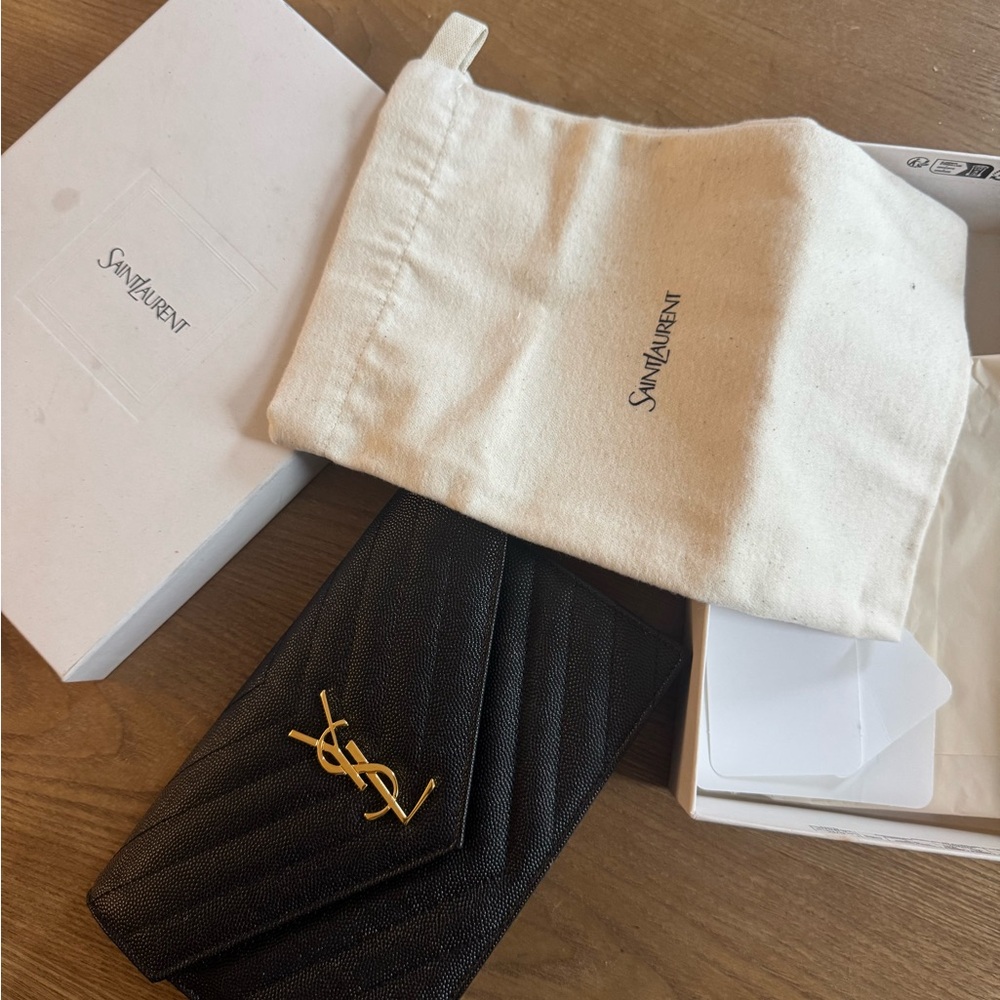 Saint Laurent Black Chevron Clutch with Gold Logo - Picture 4 of 13